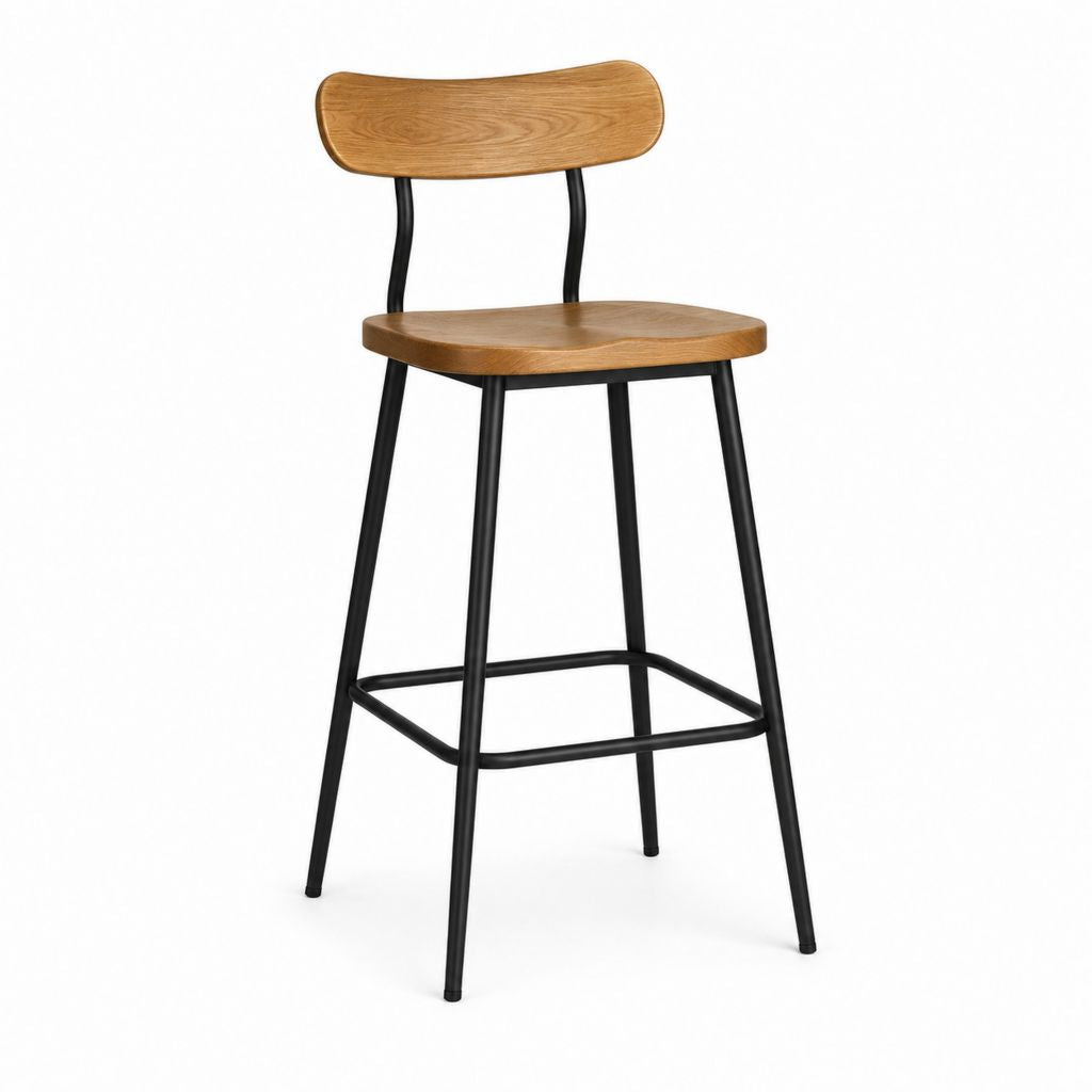 Tabouret de bar avec dossier brun et noir en contreplaqué plaqué chêne et acier 45 x 51 x 100 cm