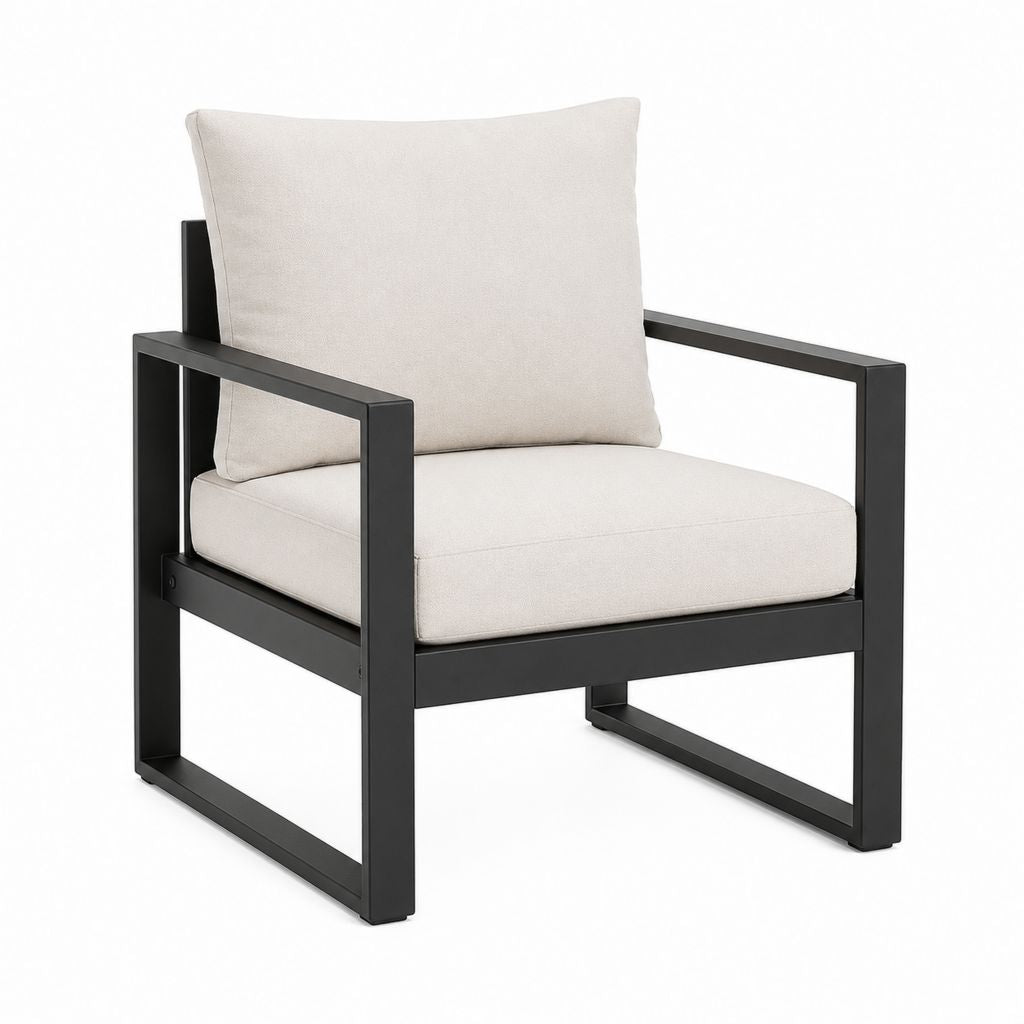 Fauteuil de jardin à accoudoirs beige et noir en acier avec coussins 70 x 75 x 75 cm