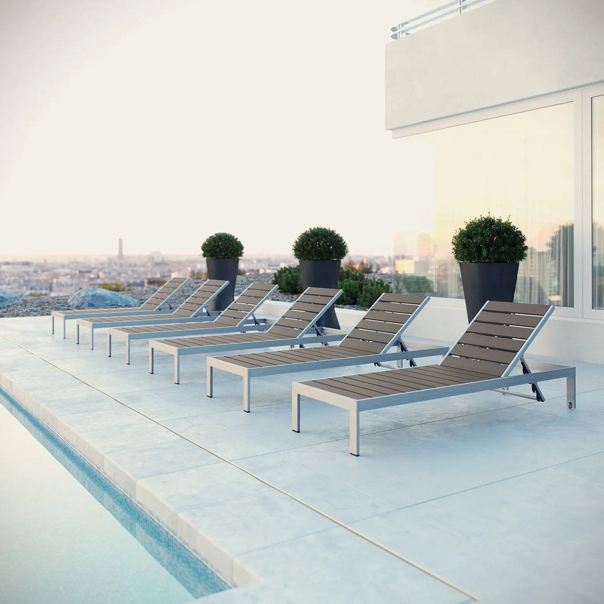 Chaise longue Modway, Ensemble de 6, Terrasse Extérieure en Aluminium, Gris Argenté