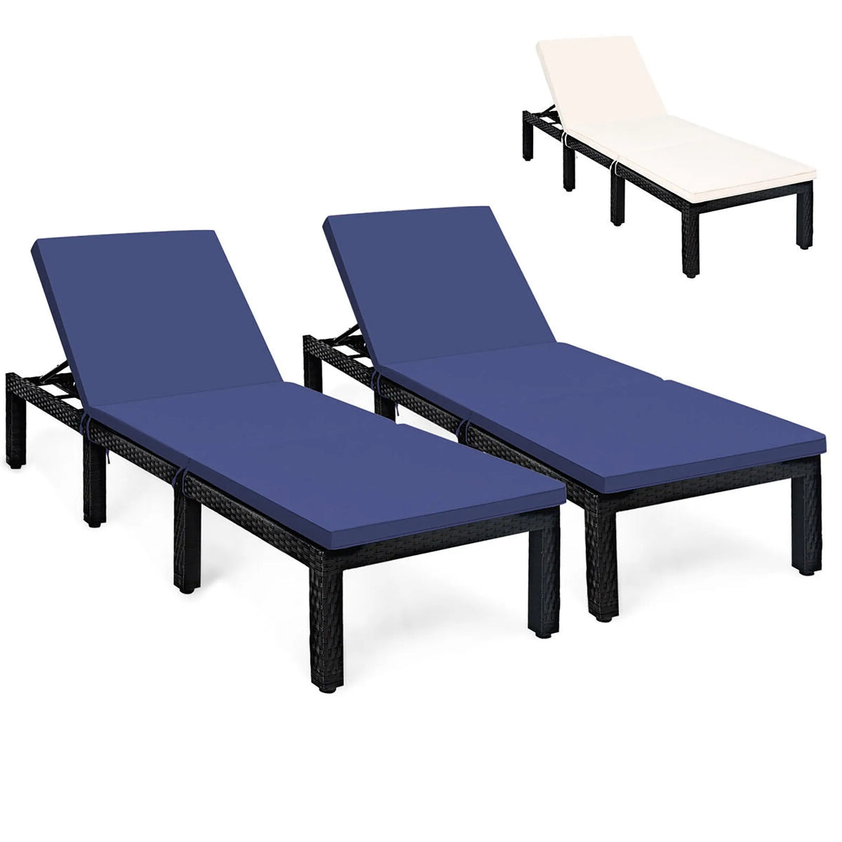 Chaise, Coussin Réglable Bleu Marine et Blanc Cassé, Lot de 2 s Longues de Patio en Rotin
