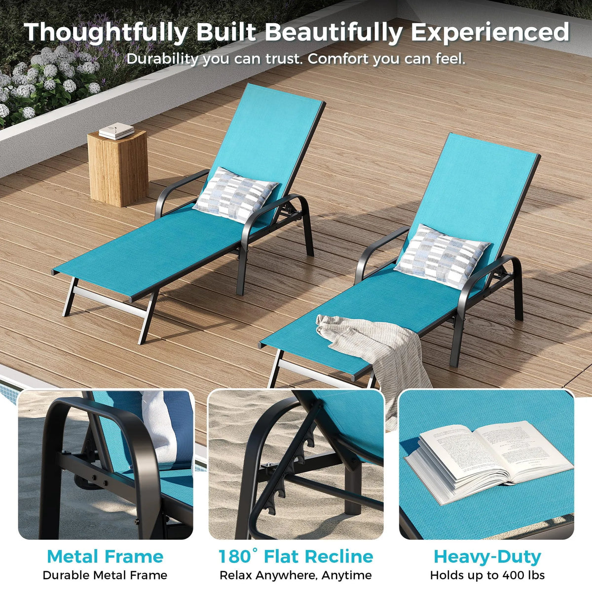 Chaise, Piscine hors terre, Méridienne Inclinable Réglable à 5 Positions, 2 s Longues d'extérieur pour Patio, Bord, Balcon, Bleu Ciel, Bord de Piscine