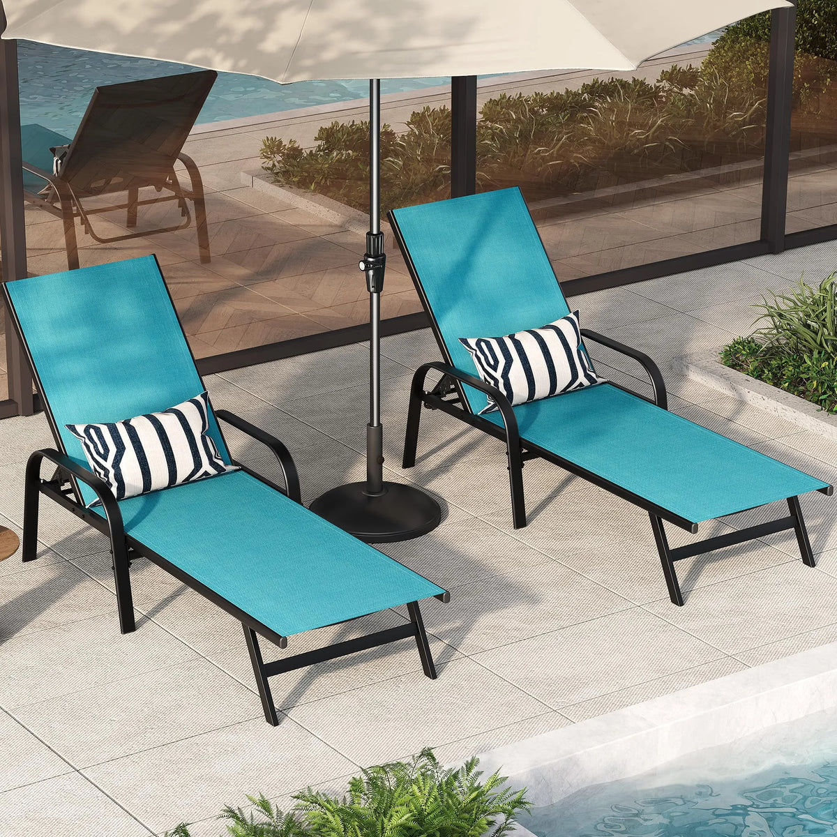 Chaise, Piscine hors terre, 2 s Longues d'extérieur Réglables à 5 Positions, Respirante pour Jardin, Balcon, Bord, Noir/gris/beige/bleu