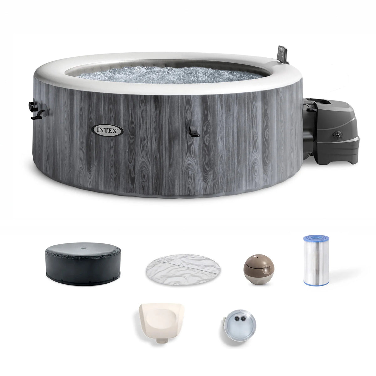 Spa Intex, Pure Greywood Ensemble de Spa 140 Jets à Bulles, 77'x28 pouces, Couvercle
