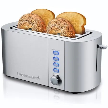Grille-pain ECT4123X, 6 Réglages de Brunissage, à 4 Tranches à Fente Longue, Décongélation et Annulation, Convient aux Bagels, Gaufres