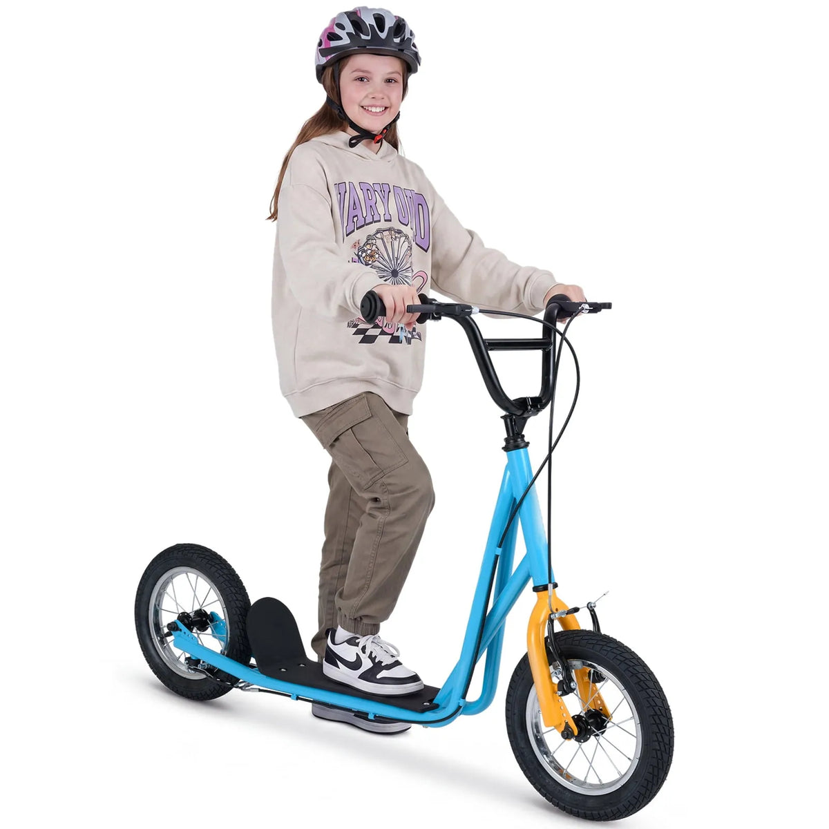 Roue Pneumatique de 12 Pieds' Jeunes Enfants Bleu et Orange, Trottinette Kick Cadre en Acier au Carbone