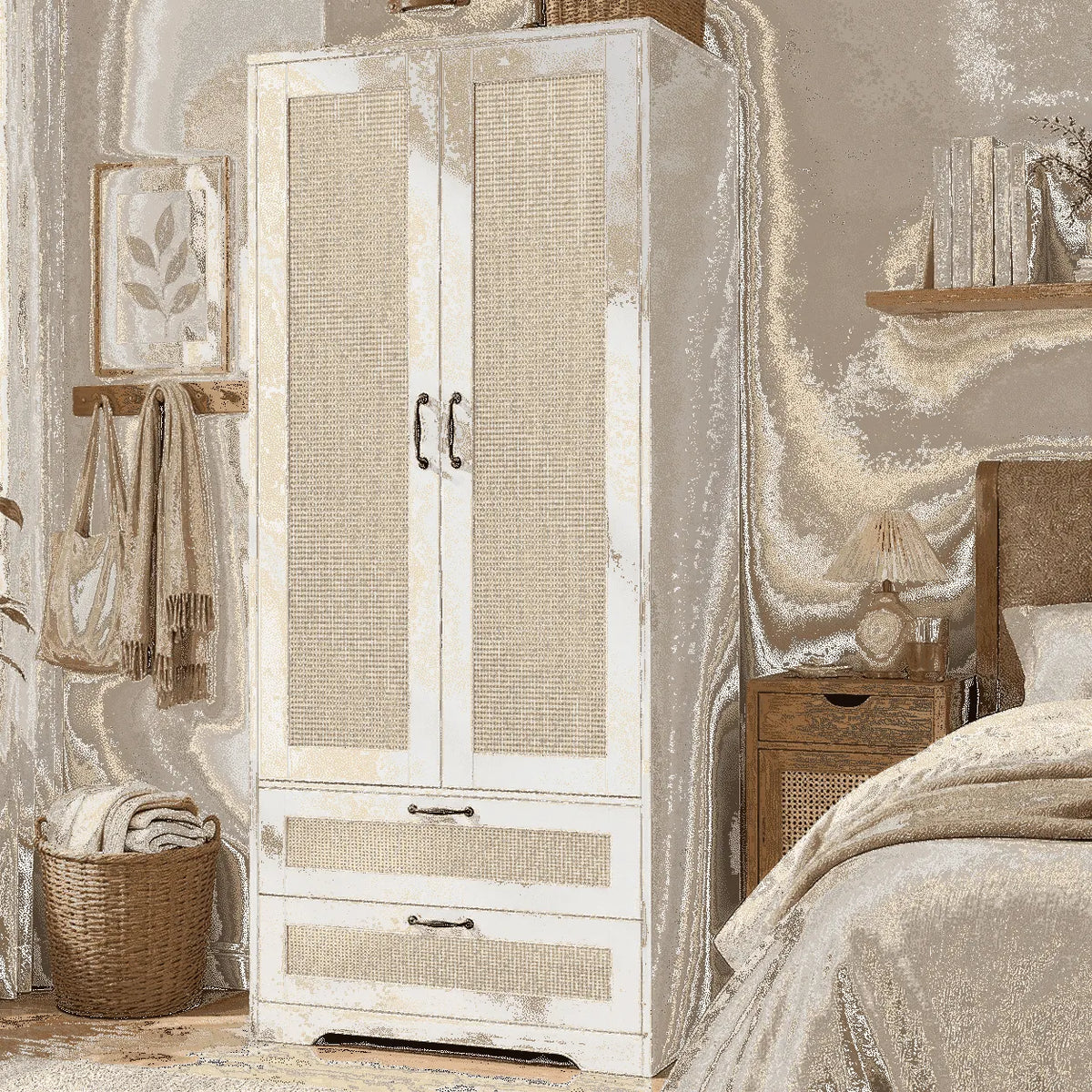 Armoire, Garde-Robe à 2 Portes, 2 Tiroirs, Tablettes et Tringle pour Chambre, Blanc, Armoire de Rangement en Bois Style Ferme