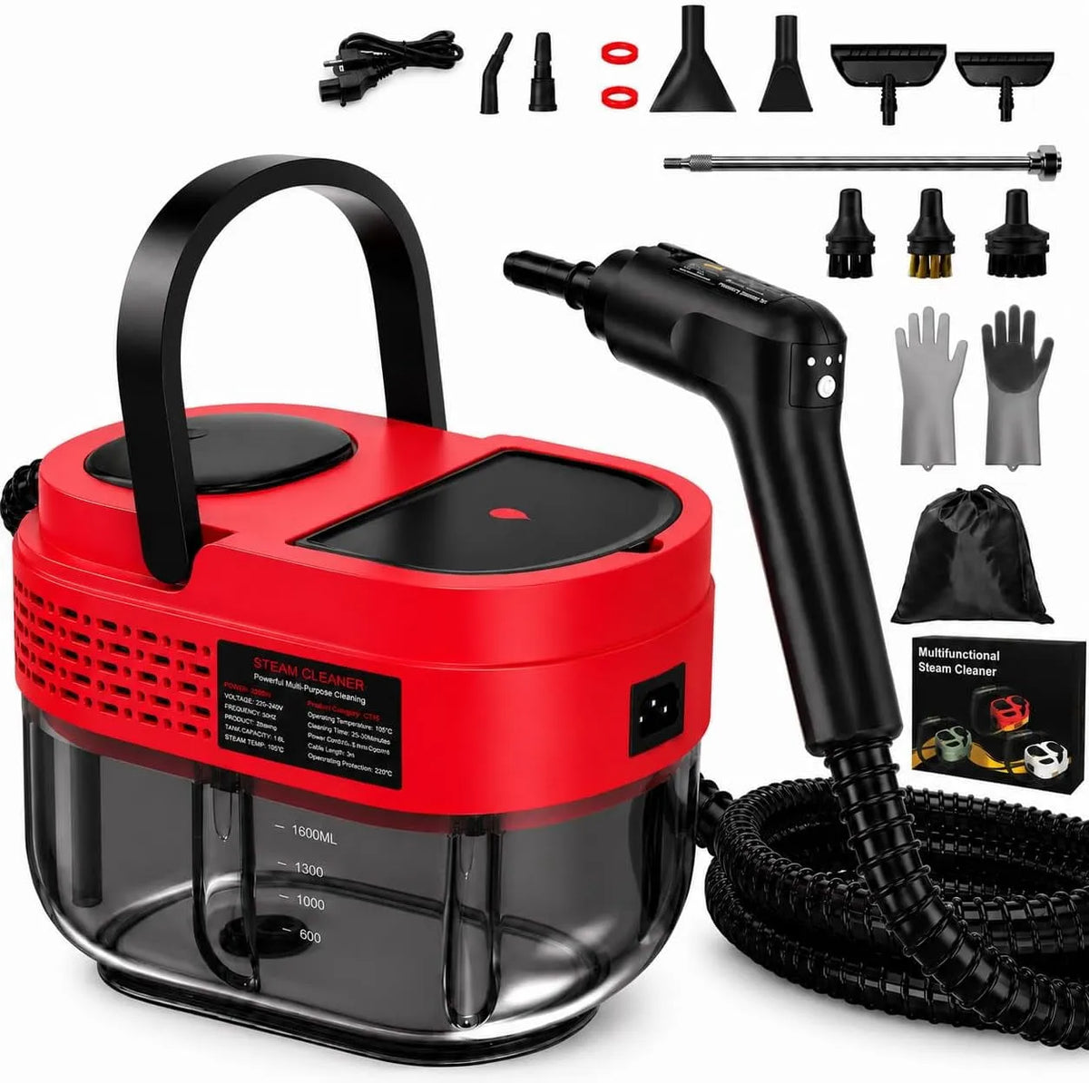 Canapé, Réservoir 1600 ml, 3 Niveaux de Vapeur, Nettoyeur à Vapeur Haute Pression 2500 W pour l'Esthétique Automobile, Salle de Bain, Planchers