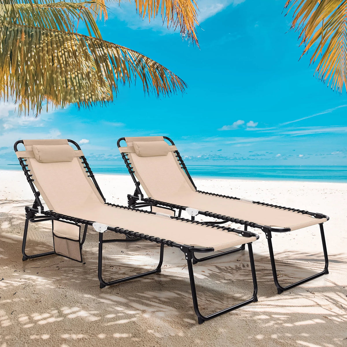 Chaise longue, Dossier à 4 Niveaux Poche Latérale, 2 Pcs Pliante de Patio Portable à Plat Chaise Inclinable