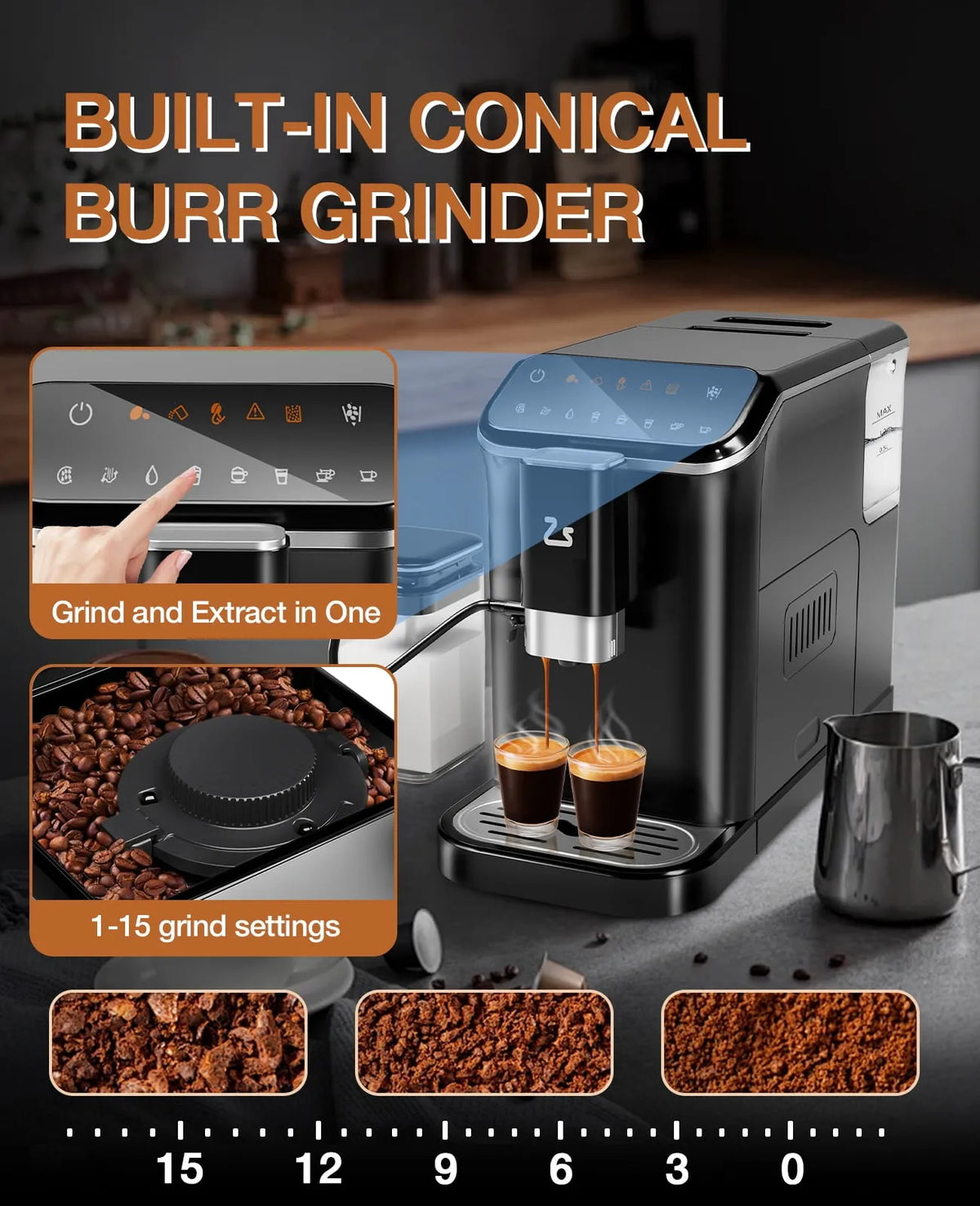 Machine à espresso, Cafetière 1,5 L, Automatique, Broyeur, Mousseur à Lait et Nettoyage Automatique pour Latte, Cappuccino, Macchiato