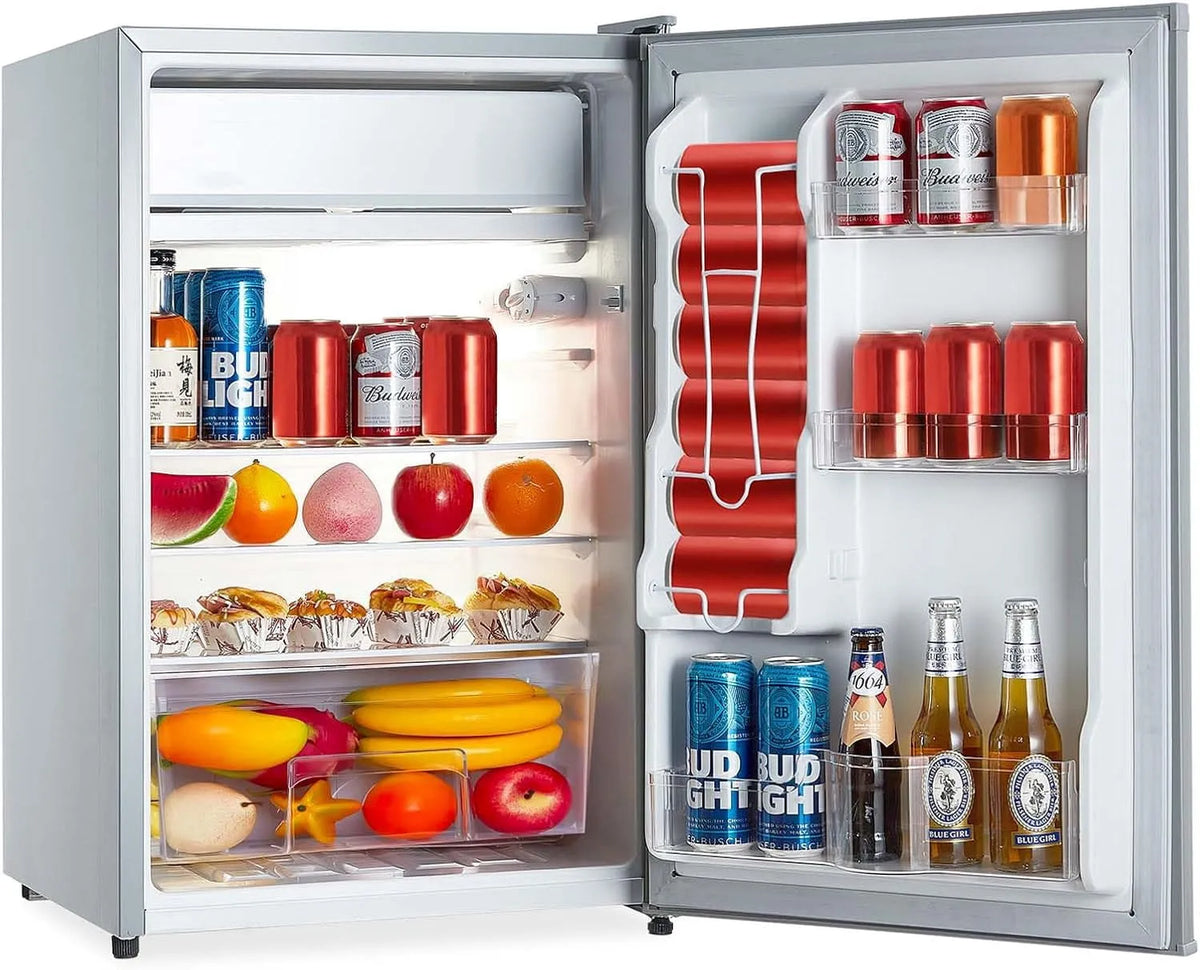 Mini réfrigérateur, Mini- de 4,3 pi3, Rangement Organisé, Tiroir Croustillant, Tablettes en Verre Amovibles, Idéal pour les Espaces Compacts, Gris