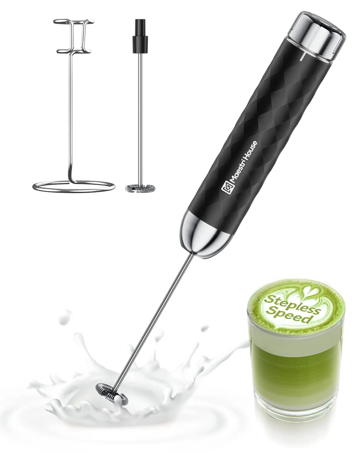Blender, Contrôle de Vitesse Continu, Mousseur à Café Portatif, Boissons pour Tapis, Fouets Détachables et Support en acier inoxydable