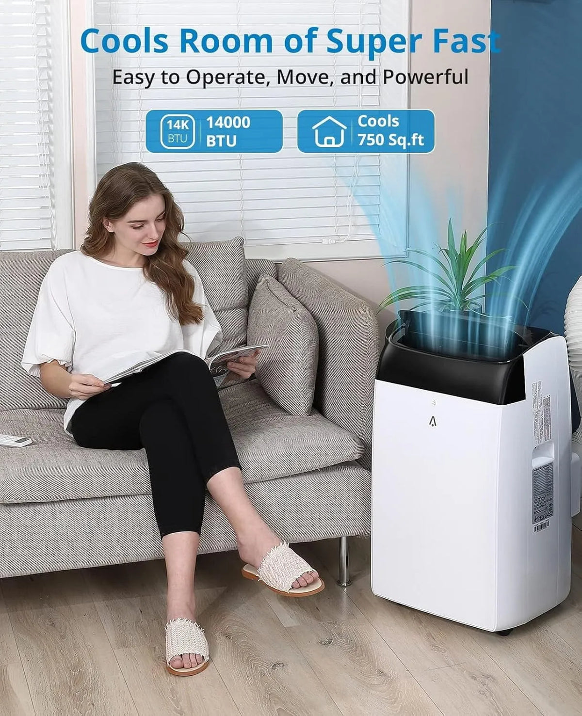 Climatiseur portable, 14000 BTU - Climatiseur Silencieux 3-en-1 Refroidit 750 Pi2 avec Télétélécommande