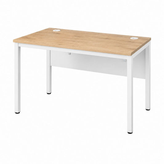 Bureau droit 120 x 60 x 75 cm blanc et chêne en panneau de particules mélaminé avec pieds en acier et passe-câbles