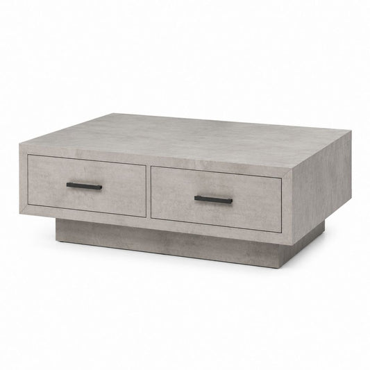 Table basse rectangulaire gris béton en panneaux de particules avec 2 tiroirs 100 x 60 x 35 cm