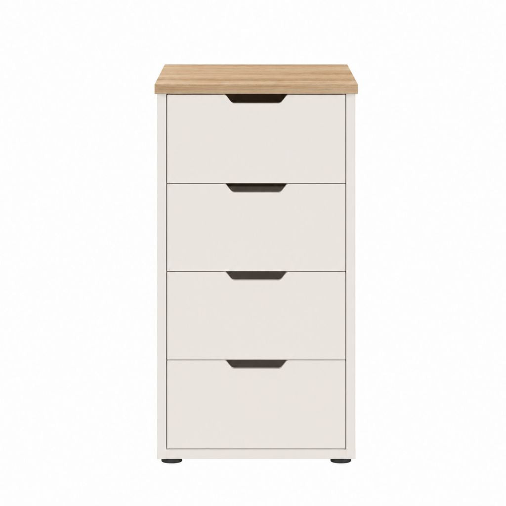 Caisson de bureau à 4 tiroirs blanc et chêne en panneaux de particules mélaminés rectangulaire 80 x 50 x 40 cm