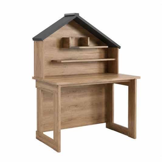 Bureau classique avec étagères forme maison chêne clair et noir 100 x 60 x 160 cm