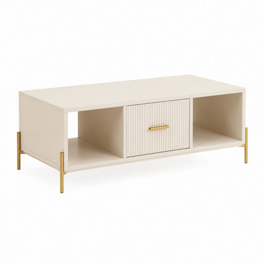 Table basse rectangulaire blanc cassé en MDF 100 x 50 x 45 cm avec tiroir et étagères