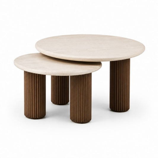 Lot de 2 tables basses gigognes rondes beige et brun en pierre calcaire et bois 80 x 45 cm et 60 x 35 cm