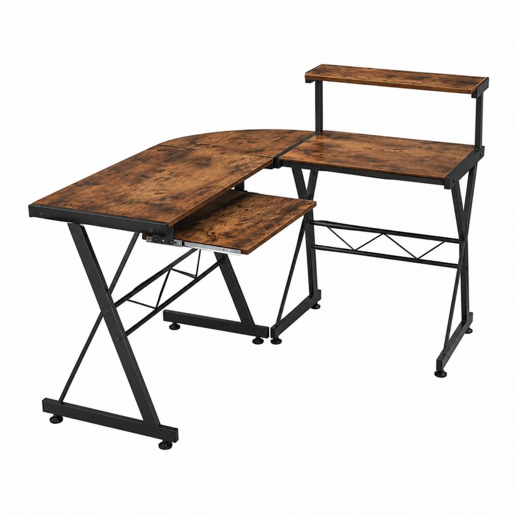 Bureau d'angle informatique avec étagère brun rustique et noir en panneaux de particules et acier 150 x 150 x 90 cm