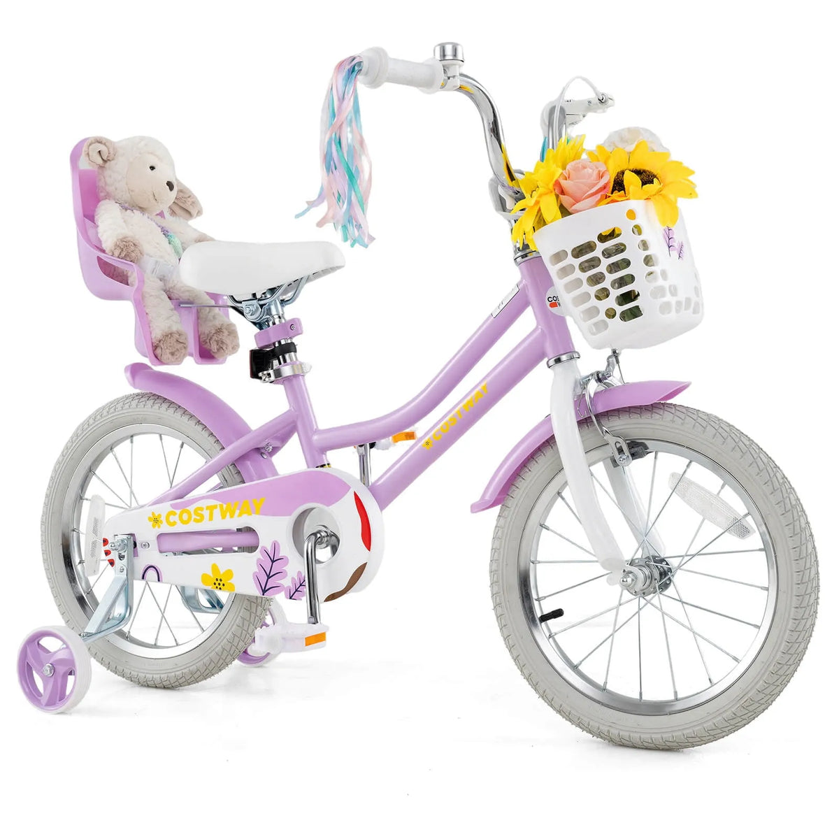 Panier, Vélo pour Enfants de 16 pouces, Roues Stabilisatrices, Rubans Colorés, Siège pour Poupée