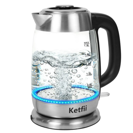 Bouilloire électrique, acier inoxydable 304 et Verre Borosilicaté, Ébullition Rapide 1200 W pour Thé et Café, Électrique en Verre 1,8 L, Sans BPA