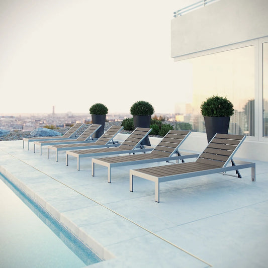 Chaise longue Modway, Ensemble de 6, Terrasse Extérieure en Aluminium, Gris Argenté