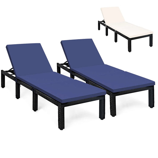 Chaise, Coussin Réglable Bleu Marine et Blanc Cassé, Lot de 2 s Longues de Patio en Rotin