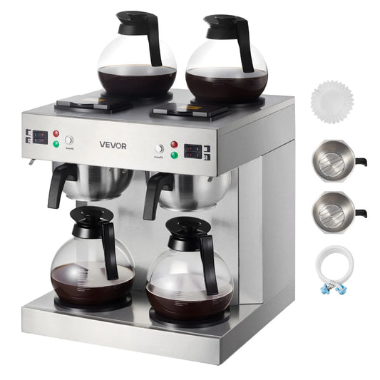 Cafetière filtre VEVOR, 4 Carafes en Verre et 4 Plaques Chauffe-Décantation, 24 Tasses, Café et Maison, à Double Tête en acier inoxydable, Commerciale