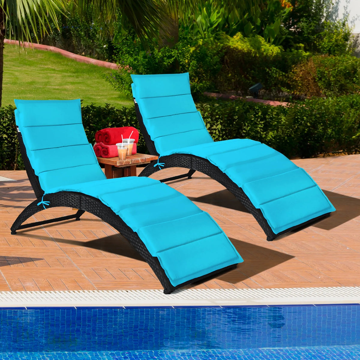 Chaise, Coussin Turquoise pour Patio extérieur, Lot de 2 s Longues Pliables en Rotin Osier
