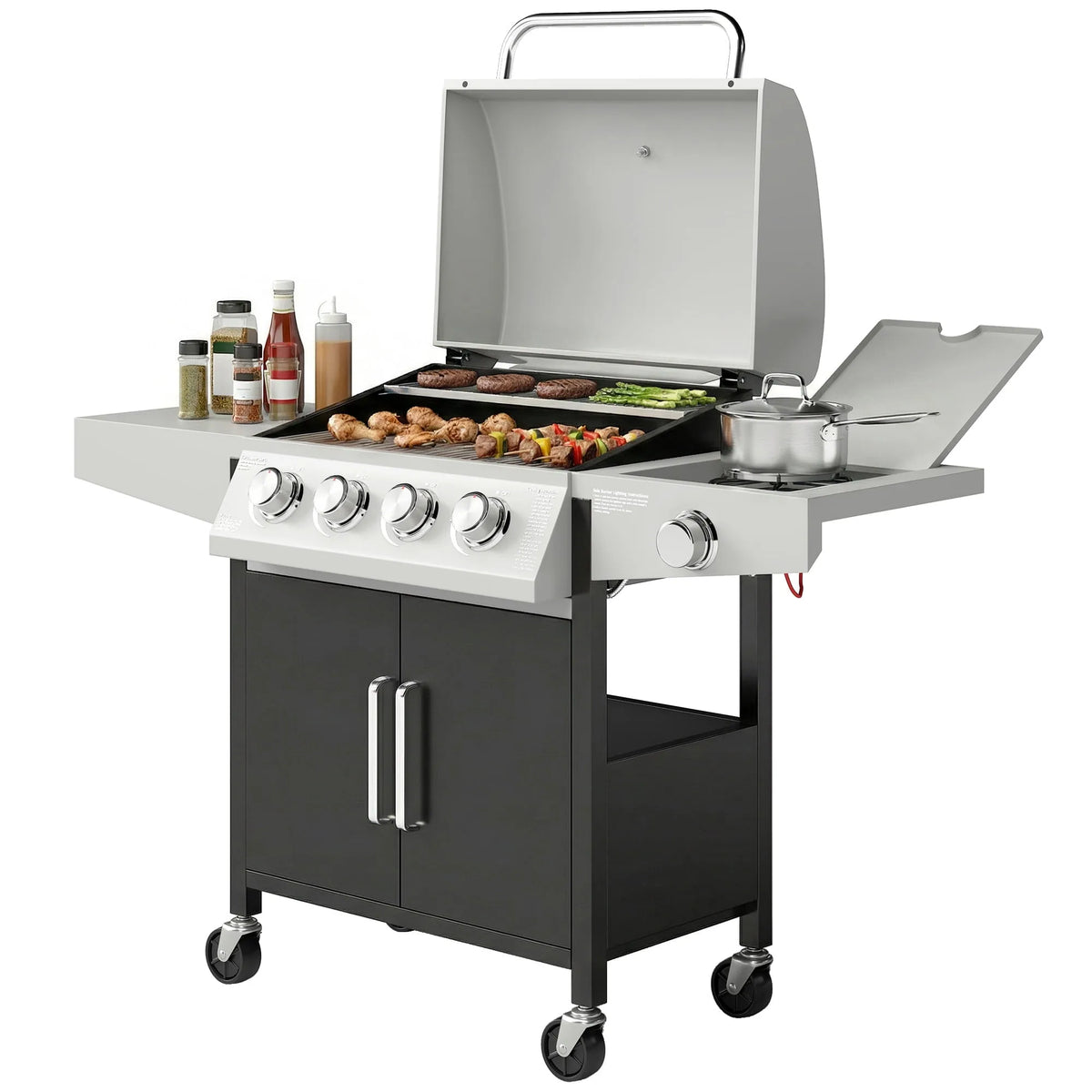 Barbecue, au Gaz Propane Liquide à 4+1 brûleurs, Gril BBQ Portable d'extérieur, brûleurs Latéral, Grille de Réchauffage, Tablette Latérale
