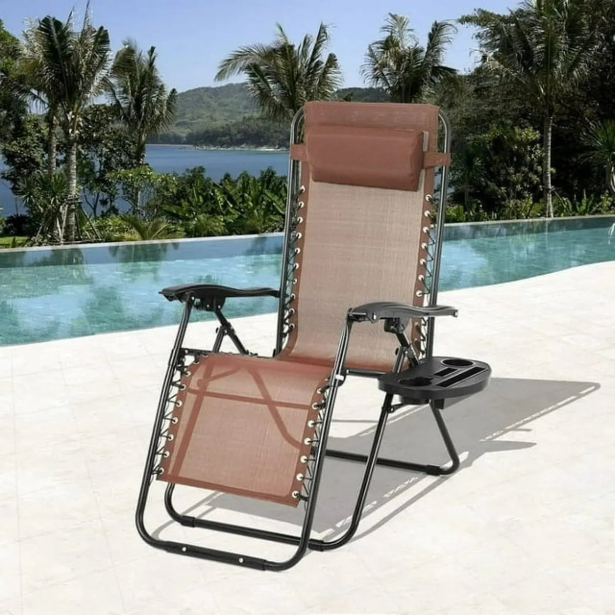 Vélo, Zéro Gravité Chaise de Pelouse Chaise Extérieure Pliante Chaise Longue de Patio avec Oreiller Amovible et Porte-Gobelet, Brun