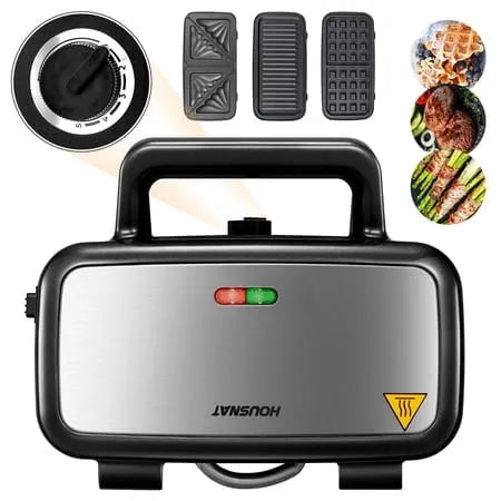 Barbecue, 1200 W Blac, 3 Ensembles de Plaques Antiadhésives Détachables, Température à 5 Vitesses et Voyants DEL, Appareil à Sandwichs 3-en-1