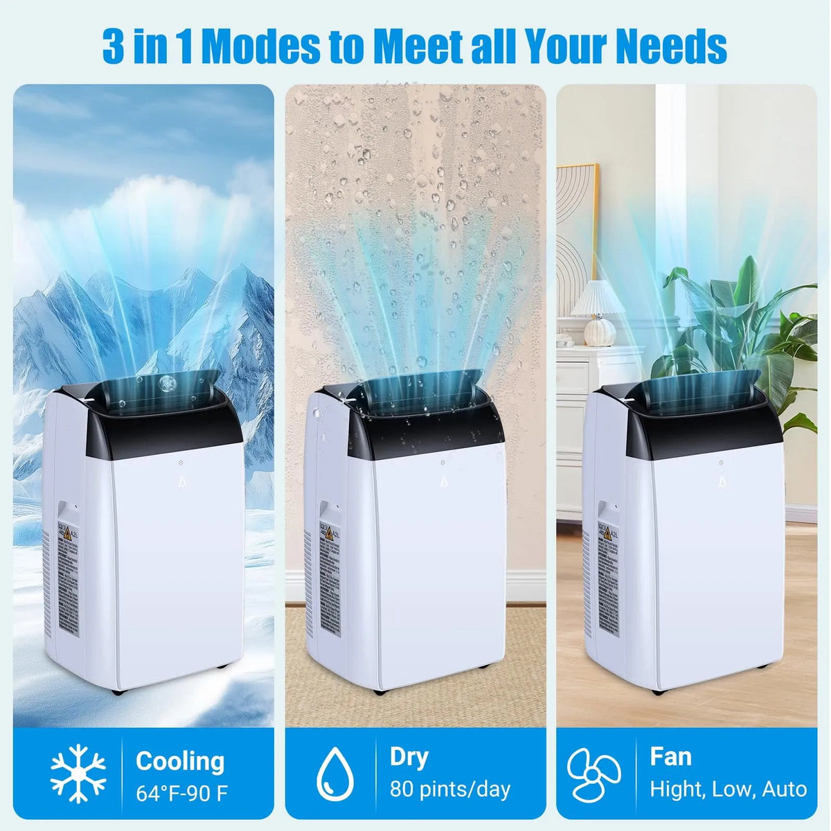 Climatiseur portable, Portatif 14000 BTU, Climatiseur 3-en-1 pour 750 Pi2, Déshumidificateur et Ventilateur