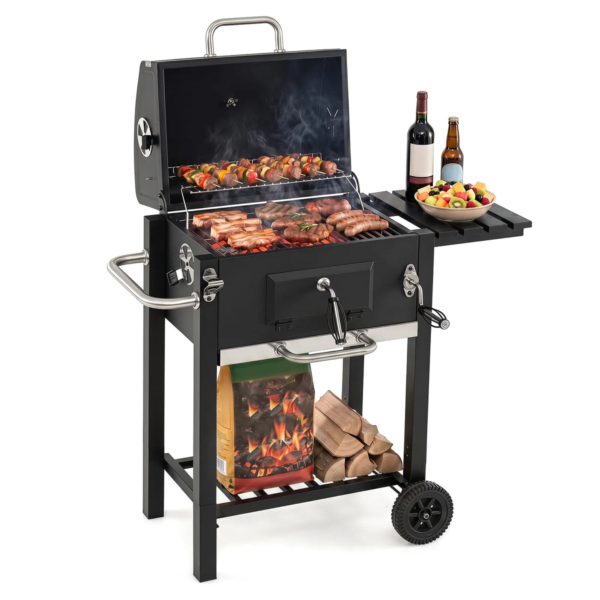 Barbecue, Charbon avec Roues, Gril BBQ Portable avec Plateau à Charbon Réglable