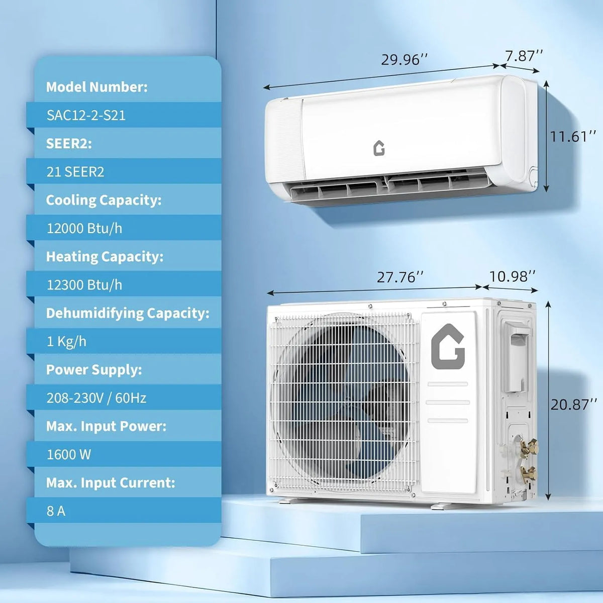 Climatiseur mini-split SEER2, Chauffage Mini-Split Sans Conduits 12 000 BTU, Système à Onduleur 21 pour la Maison, Blanc, Wi-Fi