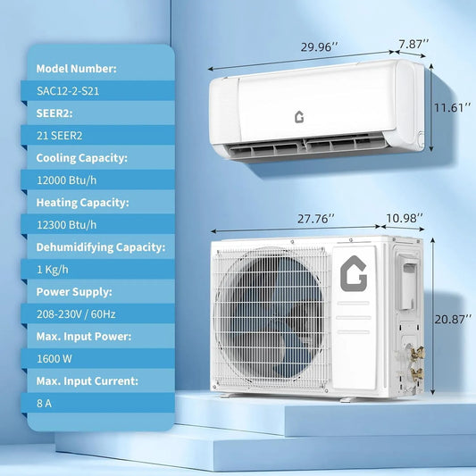 Climatiseur mini-split SEER2, Chauffage Mini-Split Sans Conduits 12 000 BTU, Système à Onduleur 21 pour la Maison, Blanc, Wi-Fi