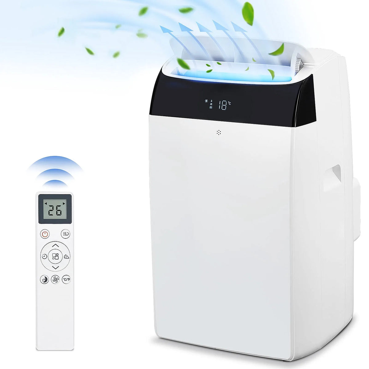 Climatiseur portable, 14 000 BTU 3-en-1 Ultra Silencieux, Minuterie à Distance 24 H, Couvre 750 Pi2, Portatif, Vidange Automatique, Dessus