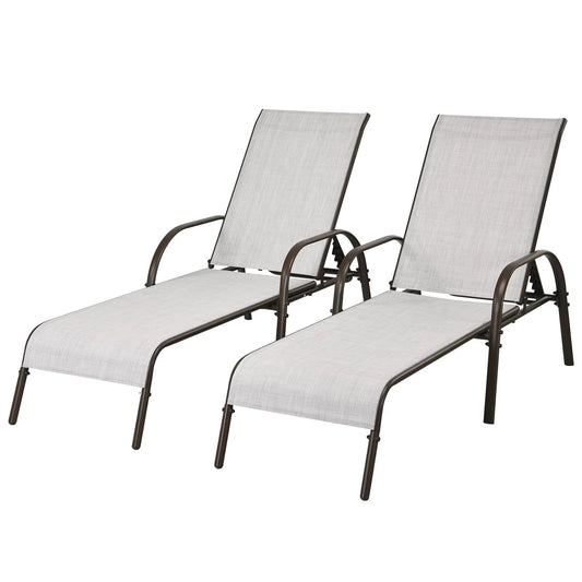 Chaise longue, 2 Pcs d'extérieur Réglable Inclinable, Dossier et Accoudoirs Gris
