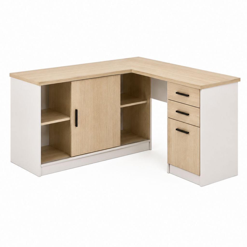 Bureau d'angle avec rangements chêne clair et blanc en panneaux de particules mélaminés 140 x 120 x 75 cm