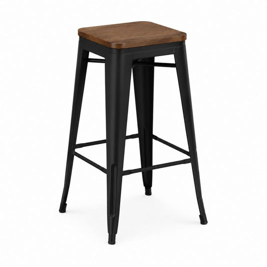 Tabouret de bar carré noir en acier avec assise en bois massif 30 x 30 x 76 cm