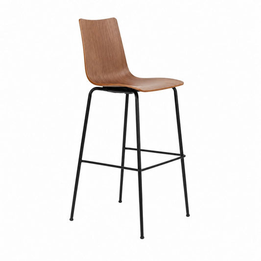 Tabouret de bar avec dossier brun en contreplaqué plaqué et acier noir 45 x 51 x 100 cm