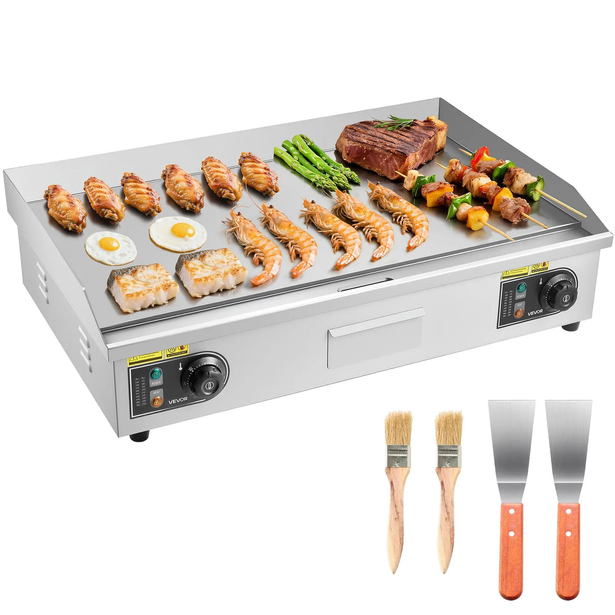 Plaque chauffante électrique VEVOR, 28,54 x 15,75 Po, 2 Brosses, 2 Spatules, Contrôle de Température Réglable 122-570 °F, 4400 W, Steak