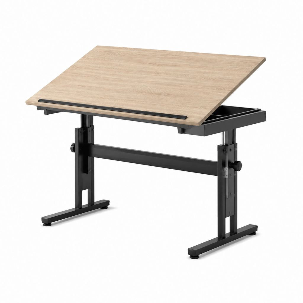 Bureau inclinable réglable en hauteur chêne clair et acier noir 120 x 60 x 68-92 cm