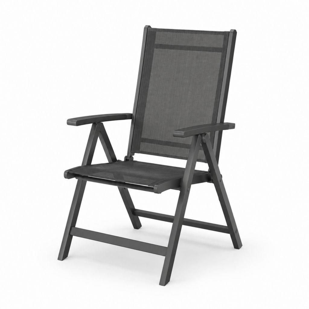 Chaise de jardin pliante avec accoudoirs noire en acier et textilène 110 x 57 x 70 cm