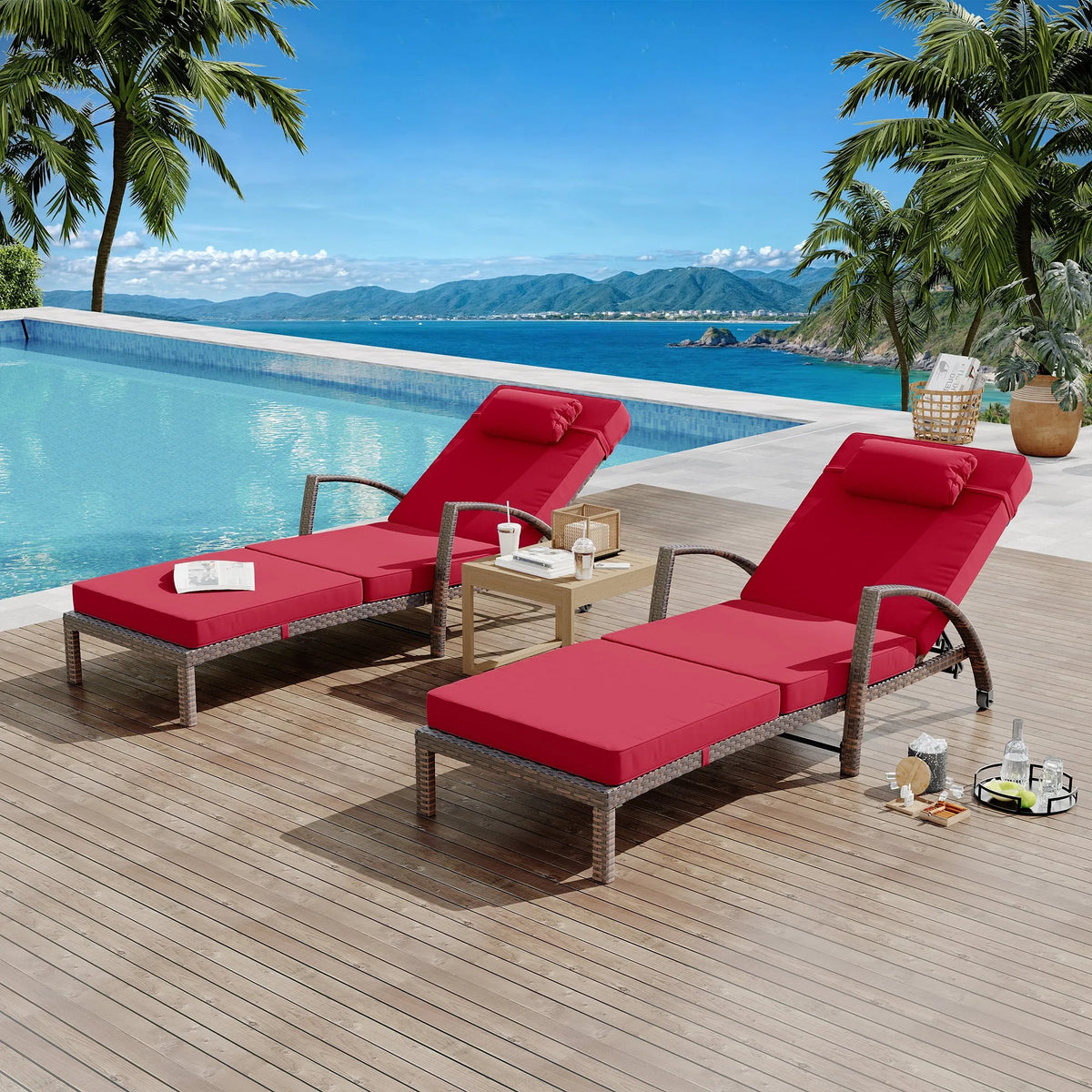 Fauteuil, Piscine hors terre, Dossier à 5 Positions, Ensemble de 2 Chaises Longues de Patio, Coussins, Terrasse, Véranda, Cour Arrière