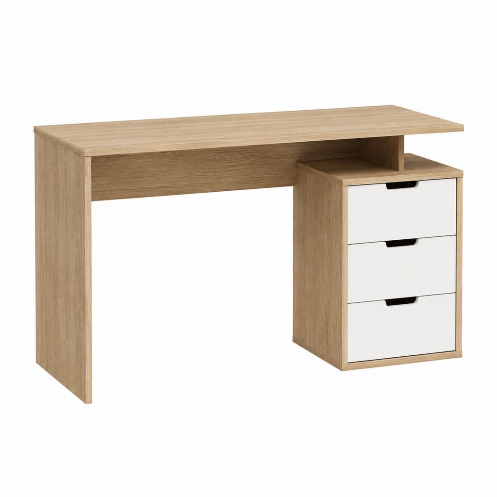 Bureau classique avec caisson 3 tiroirs chêne clair et blanc en panneaux de particules 120 x 60 x 75 cm