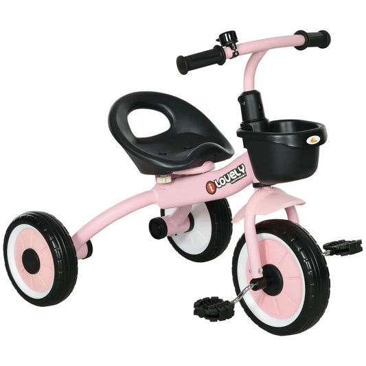 Vélo, Siège Ajustable, 2 à 5 Ans, Roues en Métal et EVA Robustes, Panier et Clochette, Tricycle Rose pour Jeunes Cyclistes