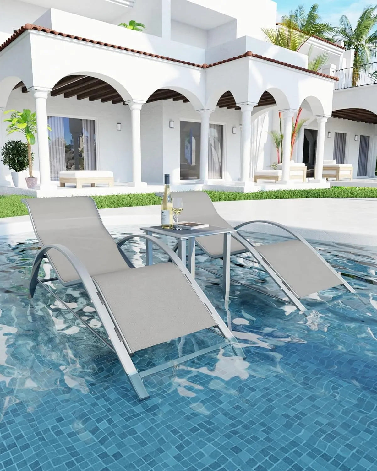 Fauteuil, Piscine hors terre, Ensemble de 2 s Inclinables en Aluminium, Ensemble de 3 s Longues d'extérieur, Gris Pâle