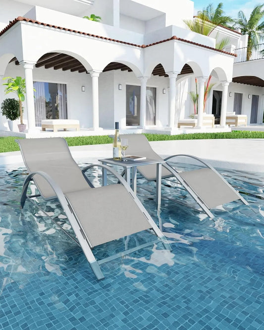 Fauteuil, Piscine hors terre, Ensemble de 2 s Inclinables en Aluminium, Ensemble de 3 s Longues d'extérieur, Gris Pâle