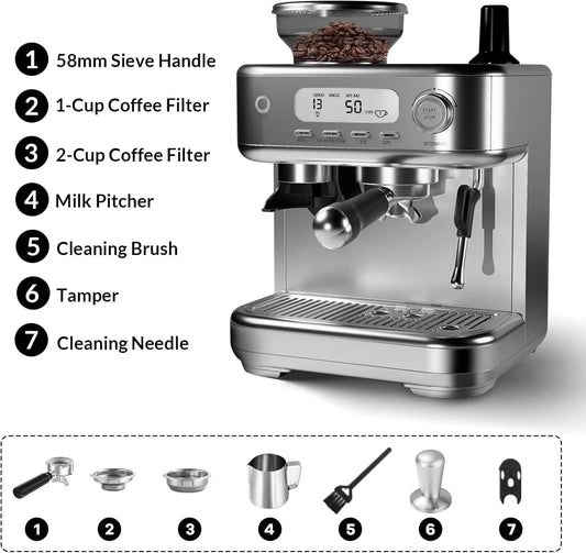 Machine à espresso, Trémie de 8,8 Oz, 15 Bars, Cafetière à Écran LCD, Broyeur, Mousseur à Lait et Contrôle de Température PID